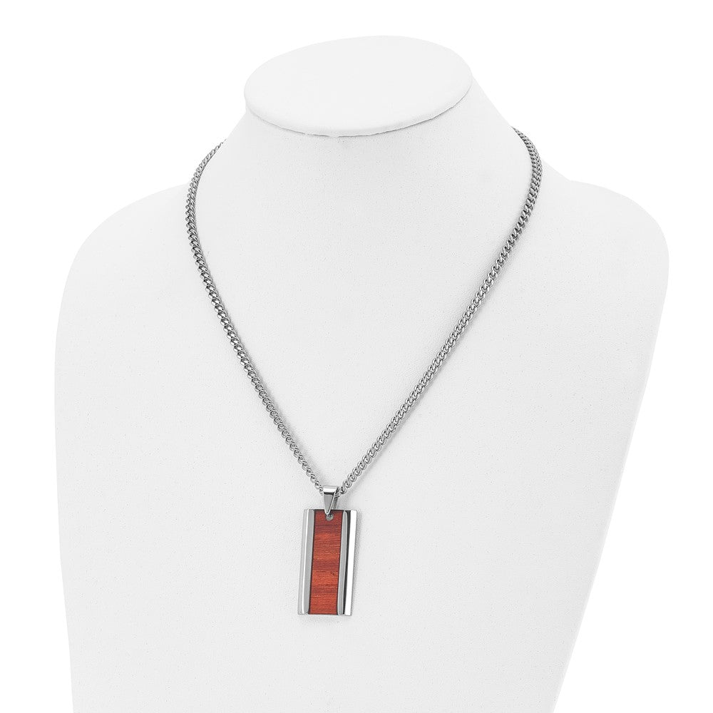 Stainless Steel Chisel Polished Red Koa Wood Inlay Enameled Pendant On A 20 Inch Curb Chain Necklace