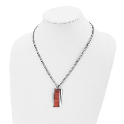 Stainless Steel Chisel Polished Red Koa Wood Inlay Enameled Pendant On A 20 Inch Curb Chain Necklace