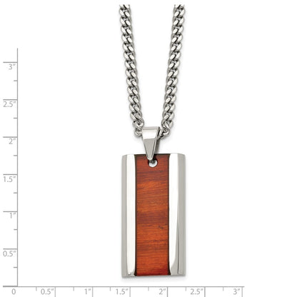 Stainless Steel Chisel Polished Red Koa Wood Inlay Enameled Pendant On A 20 Inch Curb Chain Necklace