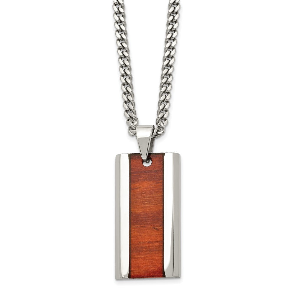Stainless Steel Chisel Polished Red Koa Wood Inlay Enameled Pendant On A 20 Inch Curb Chain Necklace