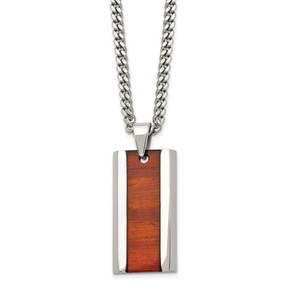 Stainless Steel Chisel Polished Red Koa Wood Inlay Enameled Pendant On A 20 Inch Curb Chain Necklace