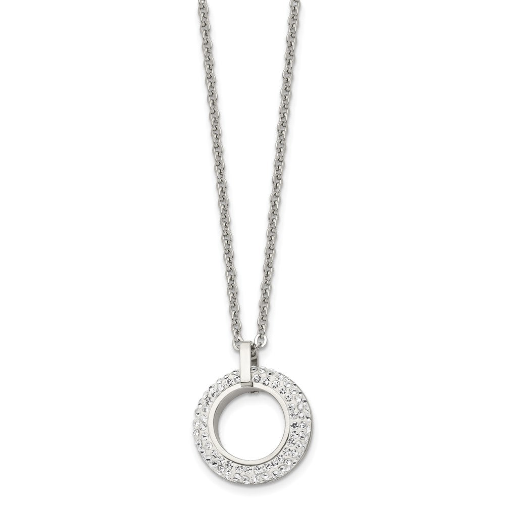 Stainless Steel Chisel Polished White Enameled With Crystals Open Circle Pendant On An 18 Inch Cable Chain Necklace