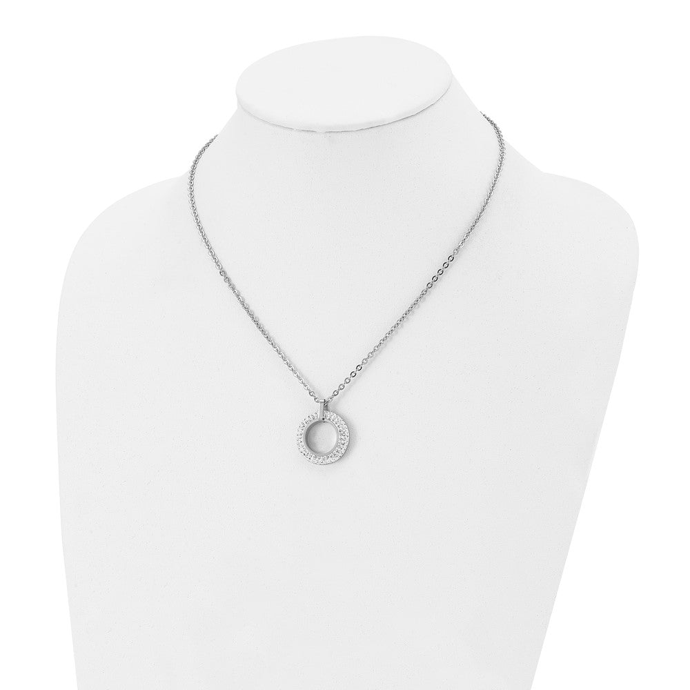 Stainless Steel Chisel Polished White Enameled With Crystals Open Circle Pendant On An 18 Inch Cable Chain Necklace