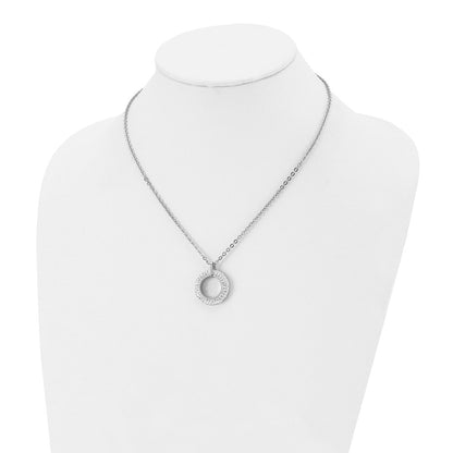 Stainless Steel Chisel Polished White Enameled With Crystals Open Circle Pendant On An 18 Inch Cable Chain Necklace