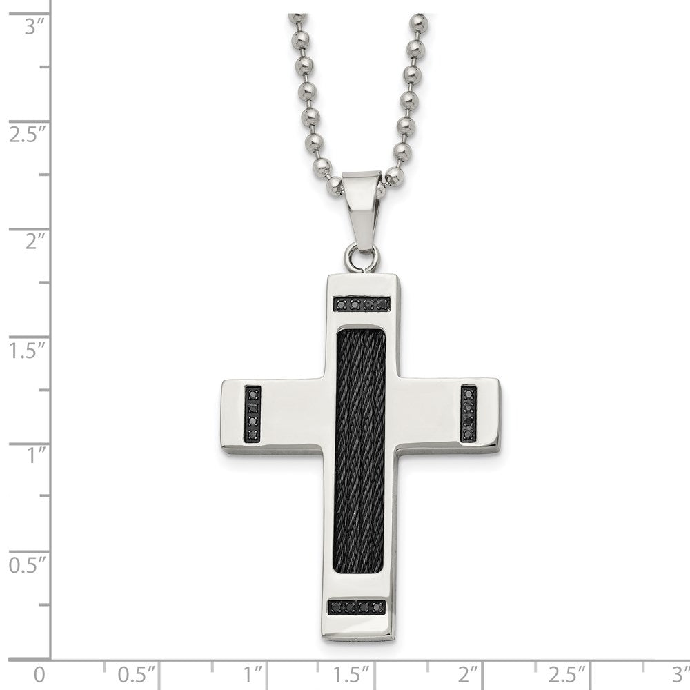 Stainless Steel Chisel Polished Black Ip-Plated 1/10 Carat Diamond Cross Pendant On A 24 Inch Ball Chain Necklace