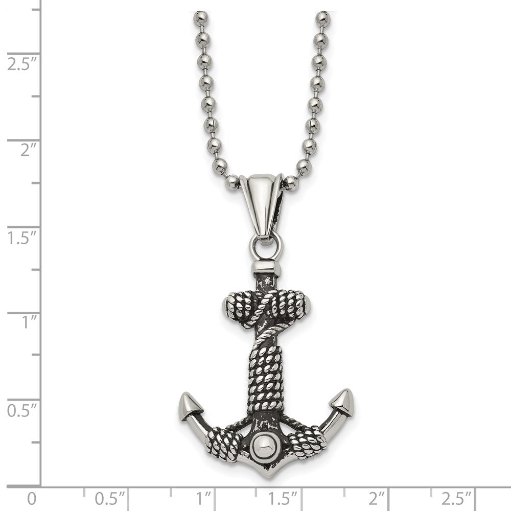 Stainless Steel Chisel Antiqued And Polished Anchor With Rope Pendant On A 24 Inch Ball Chain Necklace