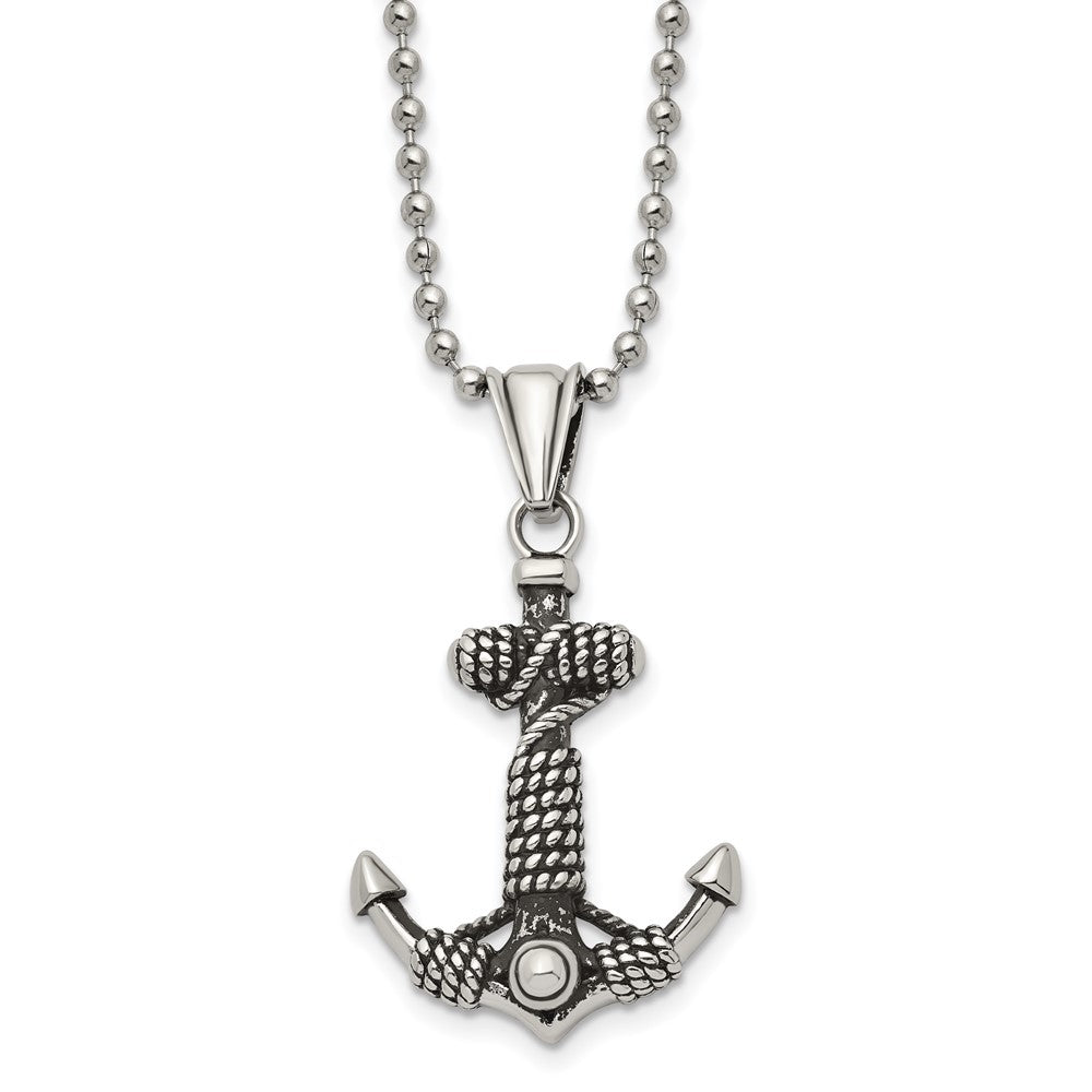 Stainless Steel Chisel Antiqued And Polished Anchor With Rope Pendant On A 24 Inch Ball Chain Necklace