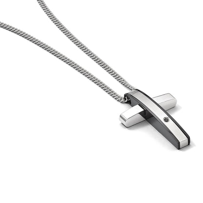 Stainless Steel Chisel Polished Black Ip-Plated .01 Carat Diamond Cross Pendant On A 24 Inch Curb Chain Necklace