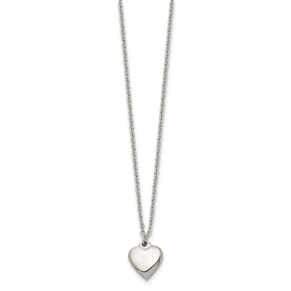 Stainless Steel Chisel Polished Heart On A 16.25 Inch Cable Chain With 1.5 Extension Necklace