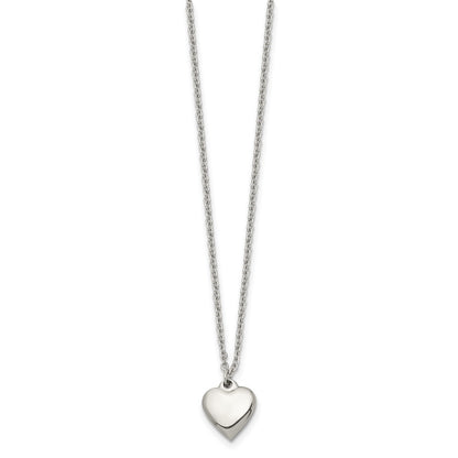 Stainless Steel Chisel Polished Heart On A 16.25 Inch Cable Chain With 1.5 Extension Necklace