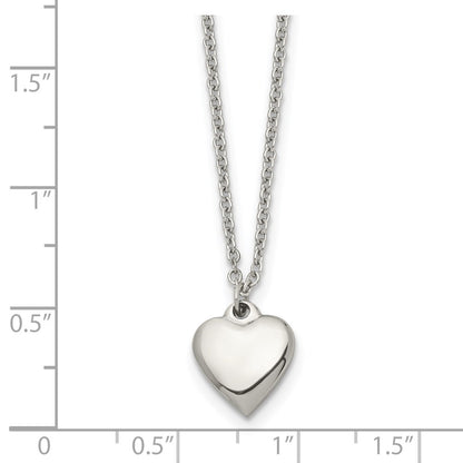 Stainless Steel Chisel Polished Heart On A 16.25 Inch Cable Chain With 1.5 Extension Necklace