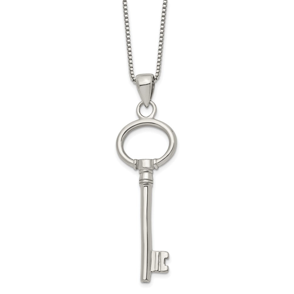 Stainless Steel Chisel Polished Key Pendant On A 20 Inch Box Chain Necklace