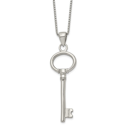 Stainless Steel Chisel Polished Key Pendant On A 20 Inch Box Chain Necklace