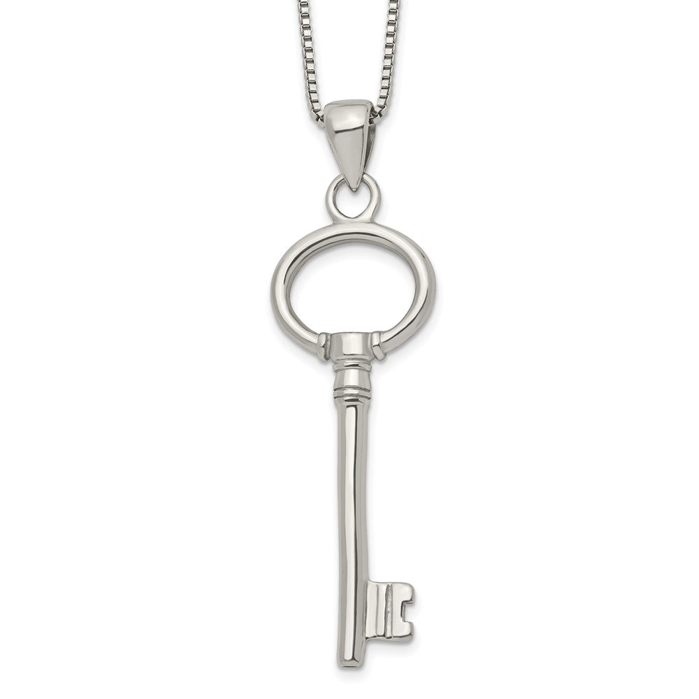 Stainless Steel Chisel Polished Key Pendant On A 20 Inch Box Chain Necklace