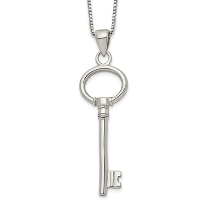 Stainless Steel Chisel Polished Key Pendant On A 20 Inch Box Chain Necklace