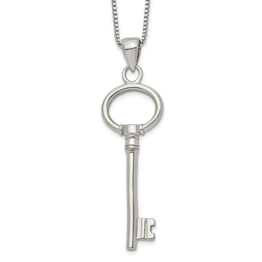 Stainless Steel Chisel Polished Key Pendant On A 20 Inch Box Chain Necklace