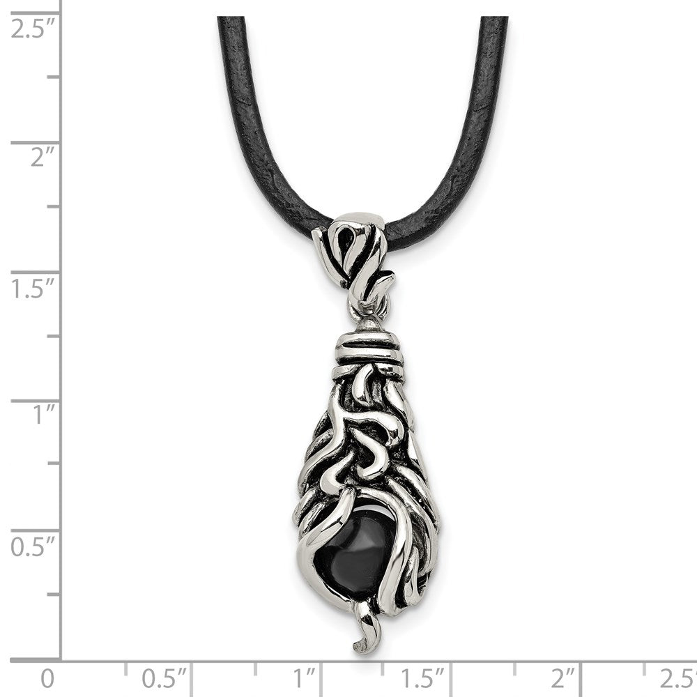 Stainless Steel Chisel Antiqued Polished And Textured Moveable Black Agate Pendant On A 20 Inch Leather Cord Necklace