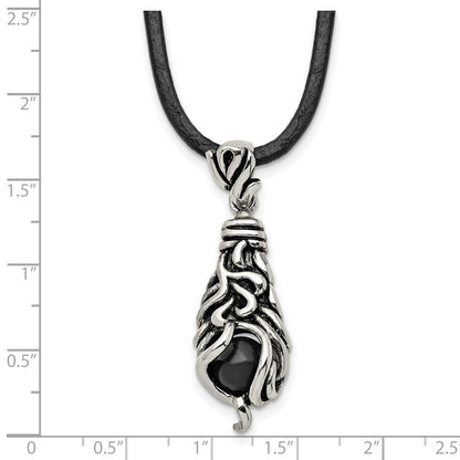 Stainless Steel Chisel Antiqued Polished And Textured Moveable Black Agate Pendant On A 20 Inch Leather Cord Necklace