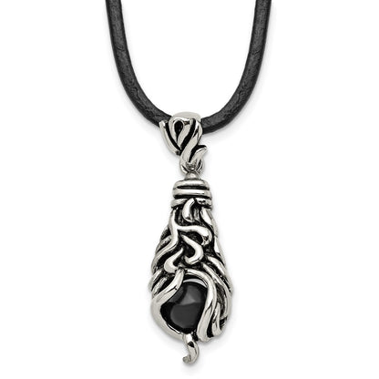 Stainless Steel Chisel Antiqued Polished And Textured Moveable Black Agate Pendant On A 20 Inch Leather Cord Necklace
