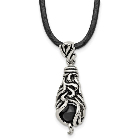 Stainless Steel Chisel Antiqued Polished And Textured Moveable Black Agate Pendant On A 20 Inch Leather Cord Necklace