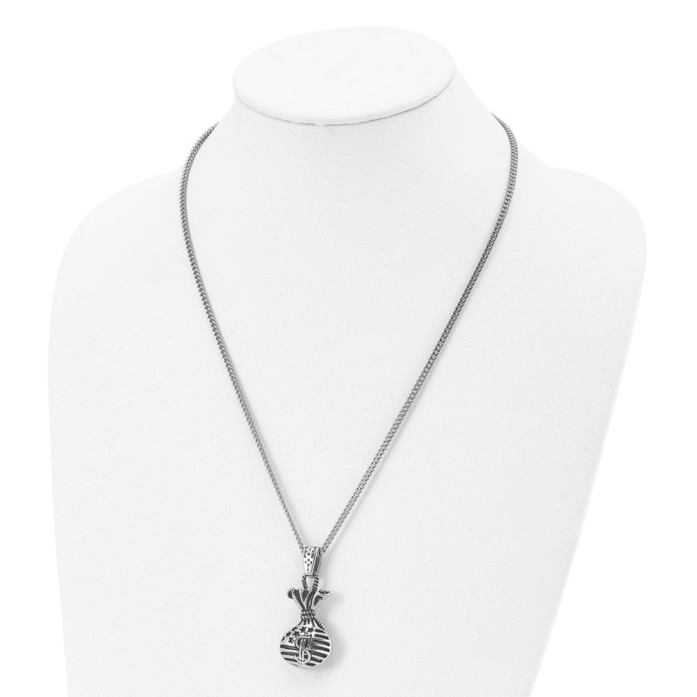 Stainless Steel Chisel Polished And Antiqued Money Bag Pendant On A 22 Inch Curb Chain Necklace