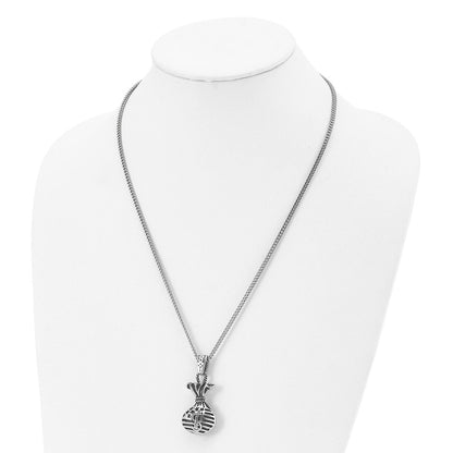 Stainless Steel Chisel Polished And Antiqued Money Bag Pendant On A 22 Inch Curb Chain Necklace