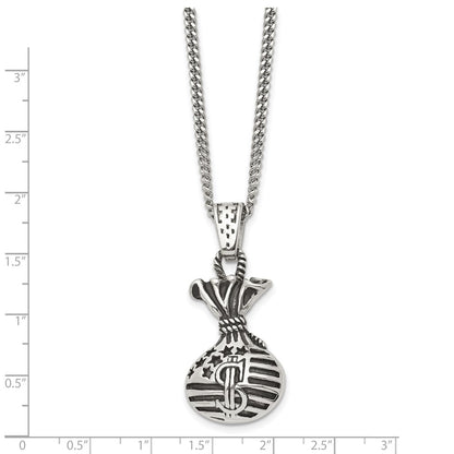 Stainless Steel Chisel Polished And Antiqued Money Bag Pendant On A 22 Inch Curb Chain Necklace