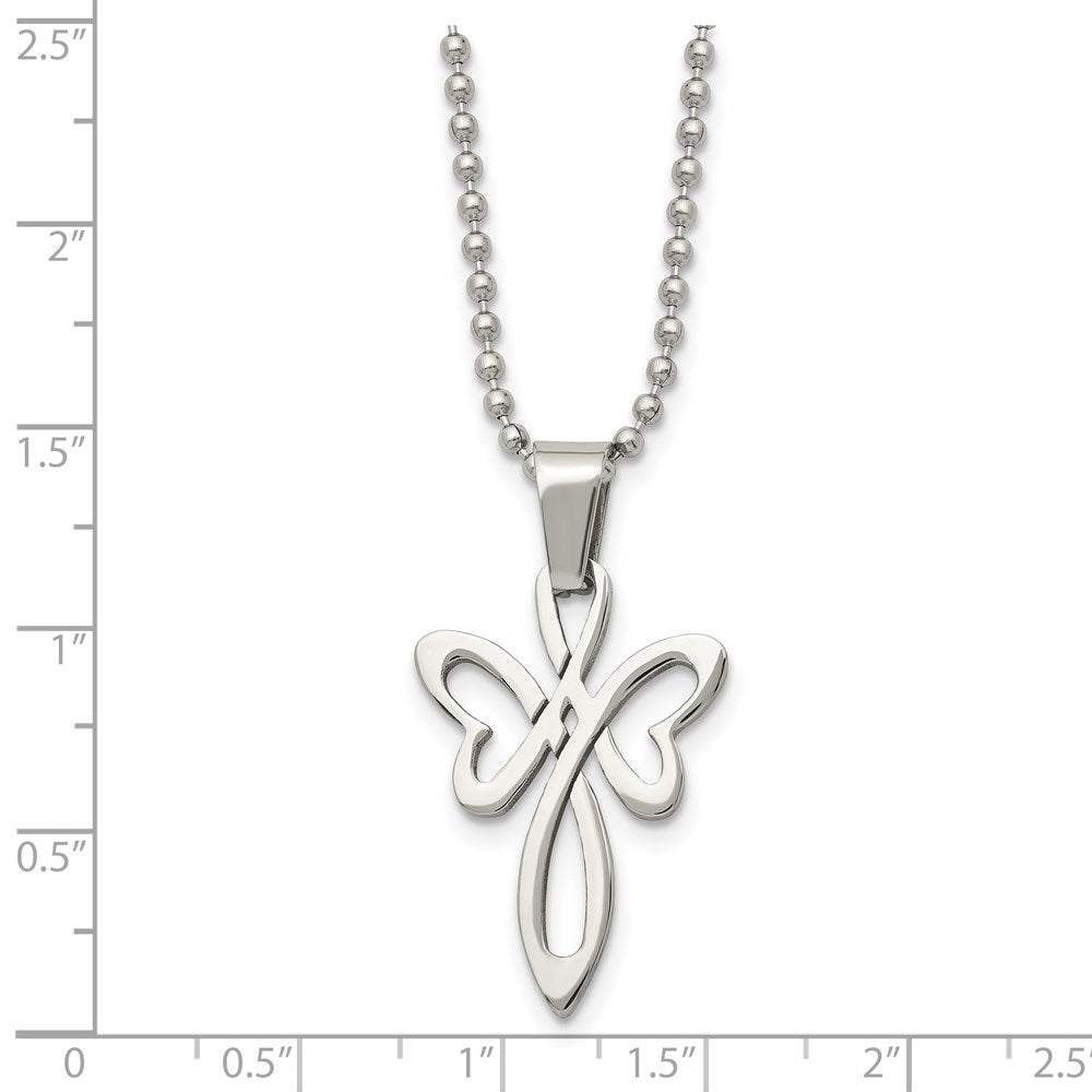 Stainless Steel Chisel Polished Fancy Cross Pendant On A 22 Inch Ball Chain Necklace