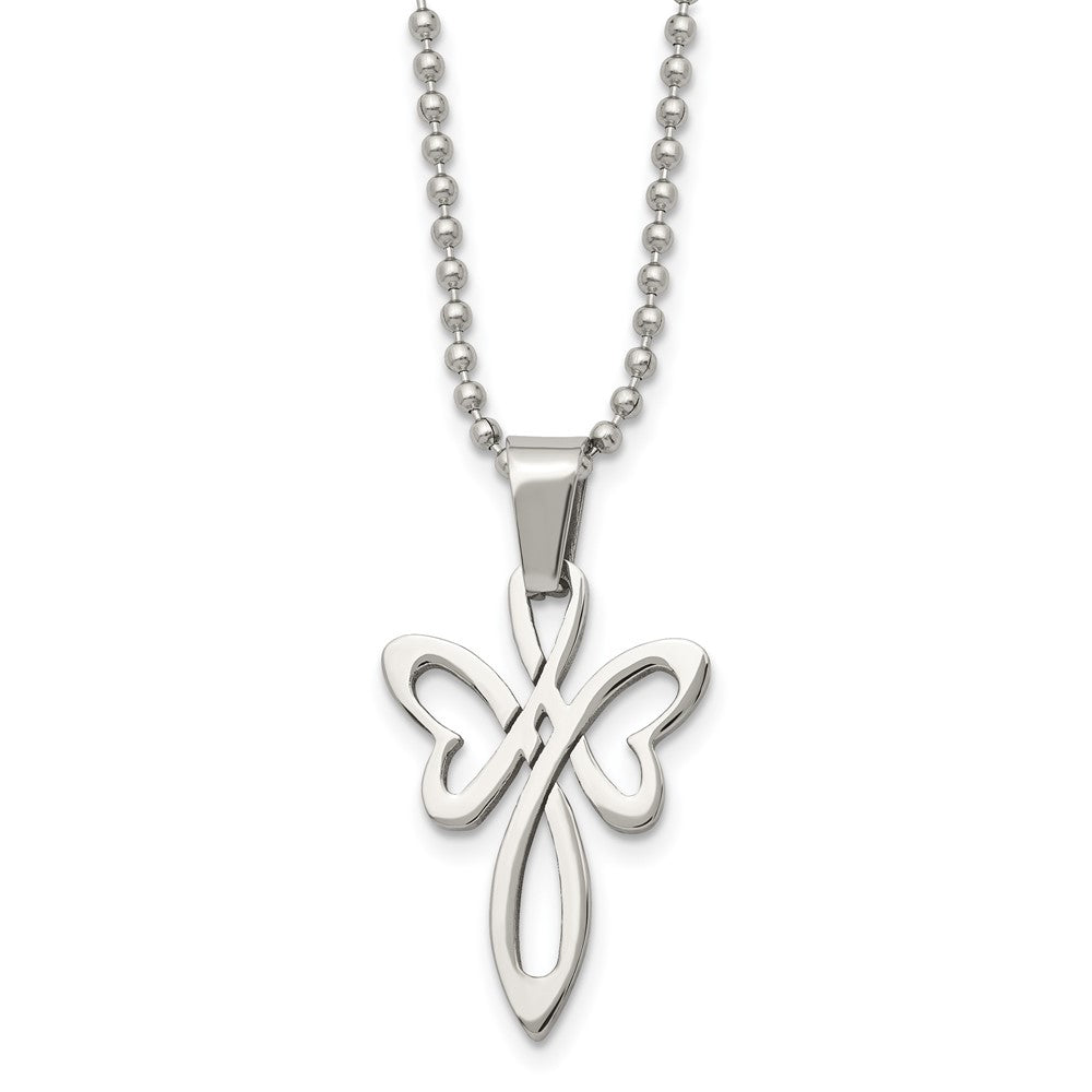 Stainless Steel Chisel Polished Fancy Cross Pendant On A 22 Inch Ball Chain Necklace