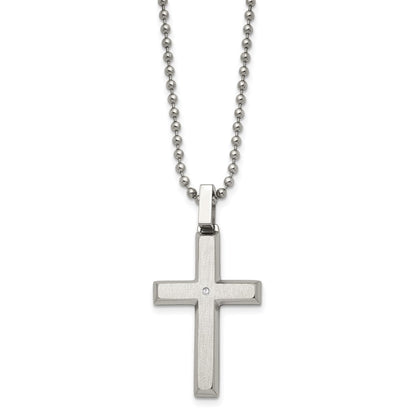 Stainless Steel Chisel Brushed And Polished .01 Carat Diamond Cross Pendant On A 22 Inch Ball Chain Necklace