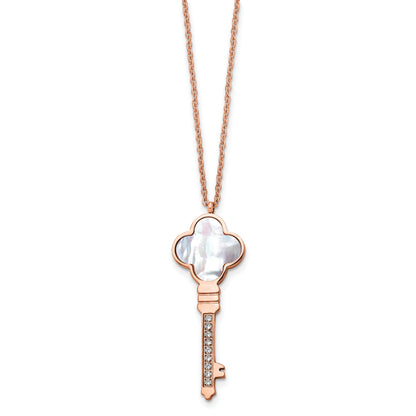 Stainless Steel Chisel Polished Rose Ip-Plated Cz And Mother Of Pearl Key Pendant On A 16 Inch Cable Chain With 2 Extension Necklace