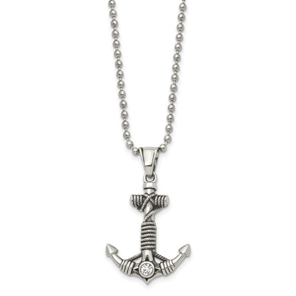 Stainless Steel Chisel Antiqued And Polished With Cz Anchor Rope Pendant On A 20 Inch Ball Chain Necklace