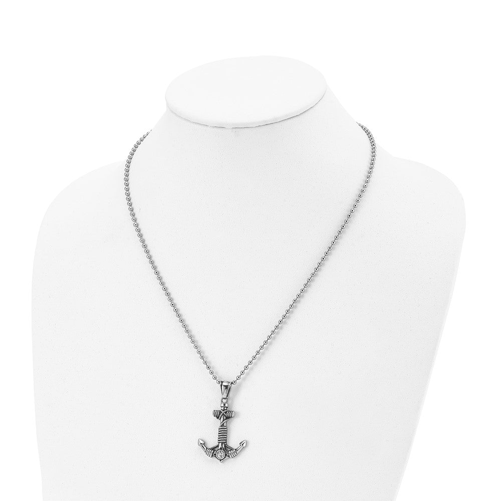 Stainless Steel Chisel Antiqued And Polished With Cz Anchor Rope Pendant On A 20 Inch Ball Chain Necklace