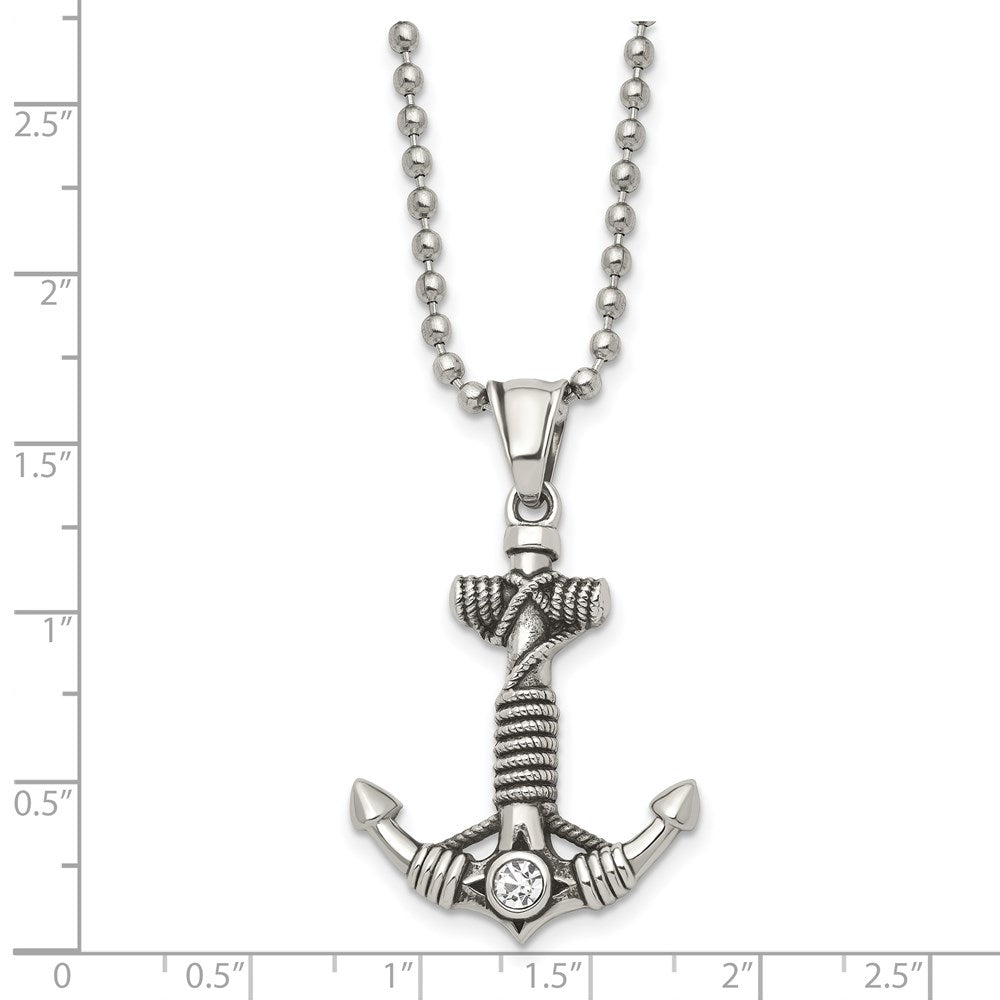 Stainless Steel Chisel Antiqued And Polished With Cz Anchor Rope Pendant On A 20 Inch Ball Chain Necklace