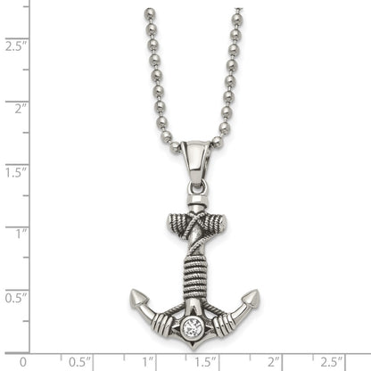 Stainless Steel Chisel Antiqued And Polished With Cz Anchor Rope Pendant On A 20 Inch Ball Chain Necklace