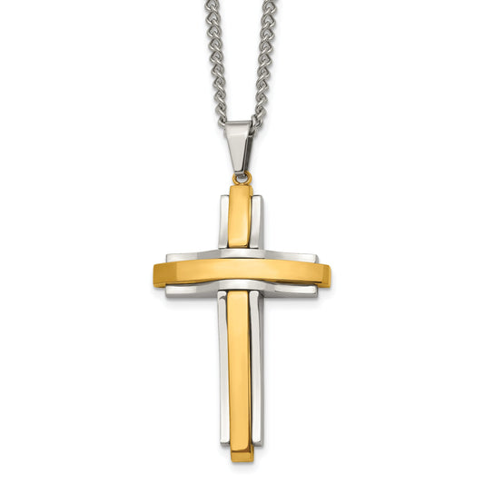 Stainless Steel Chisel Polished Yellow Ip-Plated Cross Pendant On A 24 Inch Curb Chain Necklace