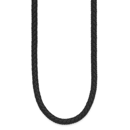 Stainless Steel Chisel Polished Woven Black Leather 19.5 Inch Necklace