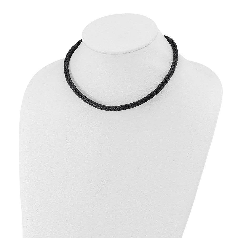 Stainless Steel Chisel Polished Woven Black Leather 19.5 Inch Necklace
