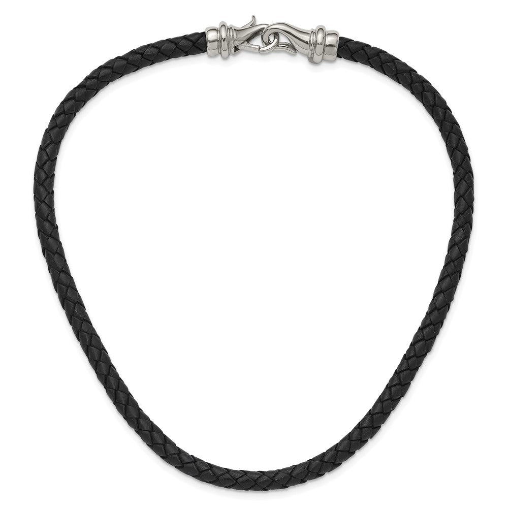 Stainless Steel Chisel Polished Woven Black Leather 19.5 Inch Necklace