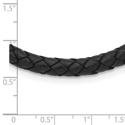 Stainless Steel Chisel Polished Woven Black Leather 16.25 Inch Necklace