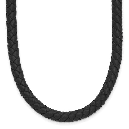 Stainless Steel Chisel Polished Woven Black Leather 19.5 Inch Necklace