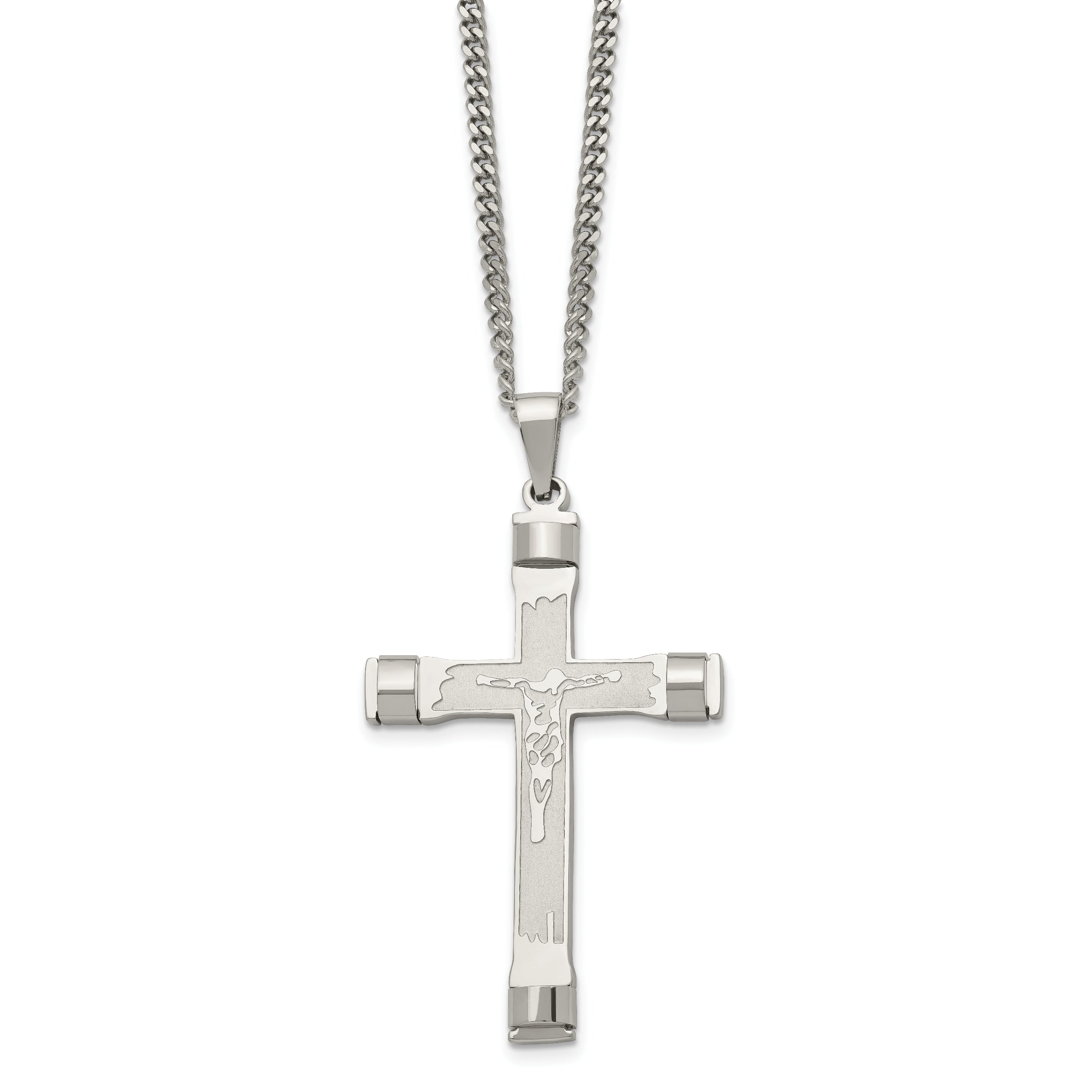 Stainless Steel Chisel Brushed And Polished Crucifix Pendant On A 22 Inch Curb Chain Necklace