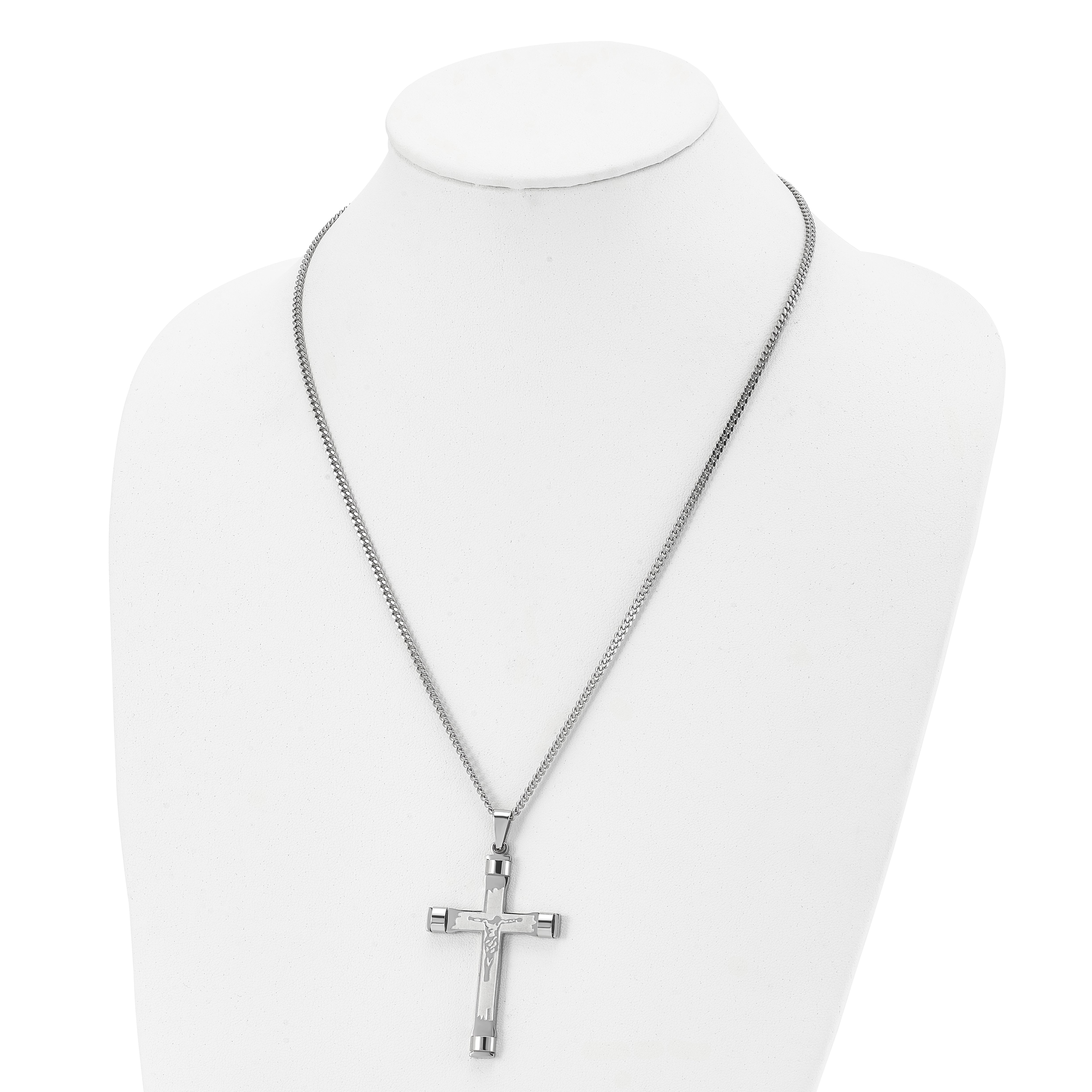 Stainless Steel Chisel Brushed And Polished Crucifix Pendant On A 22 Inch Curb Chain Necklace