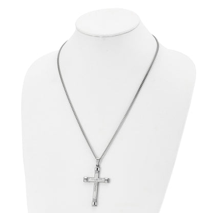 Stainless Steel Chisel Brushed And Polished Crucifix Pendant On A 22 Inch Curb Chain Necklace