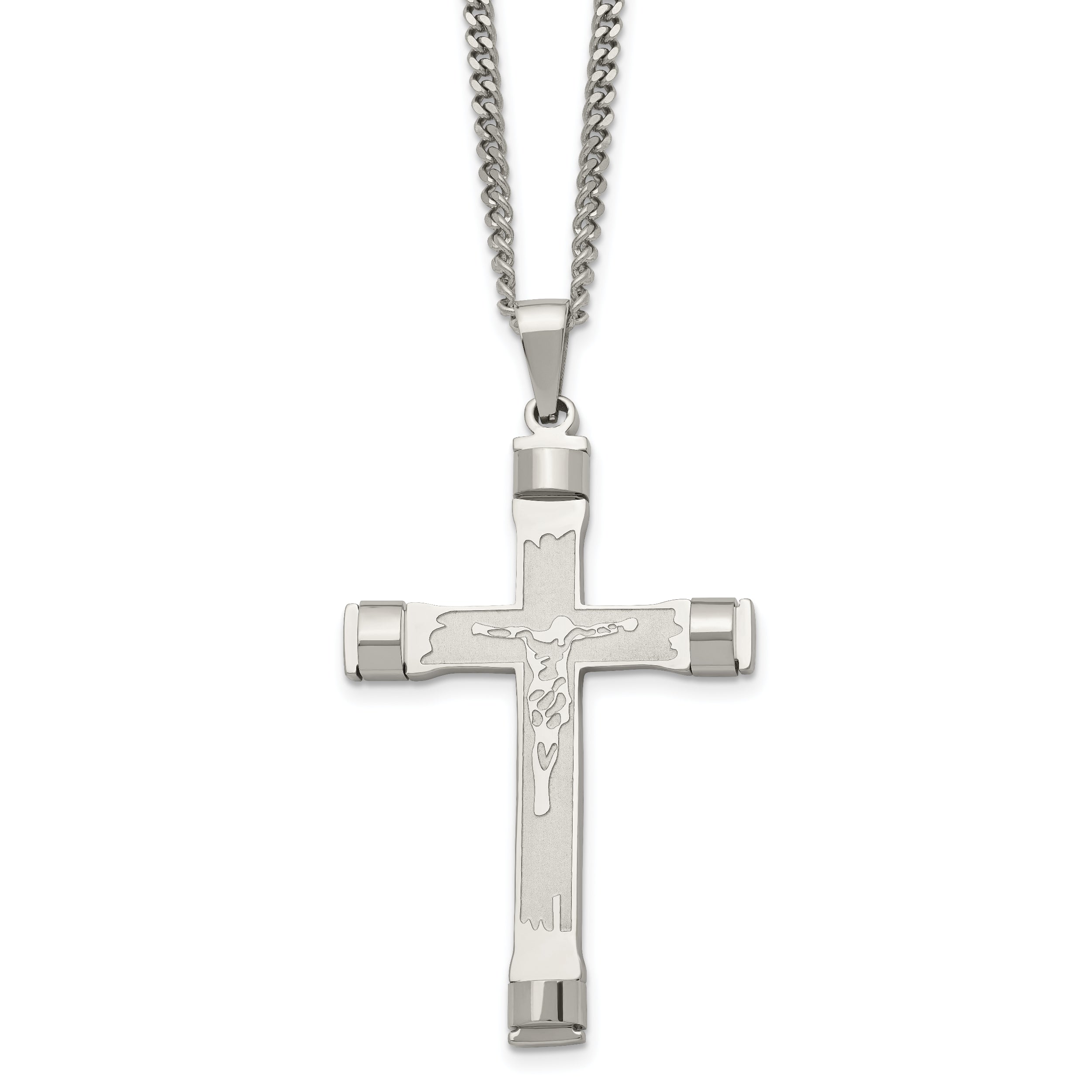 Stainless Steel Chisel Brushed And Polished Crucifix Pendant On A 22 Inch Curb Chain Necklace