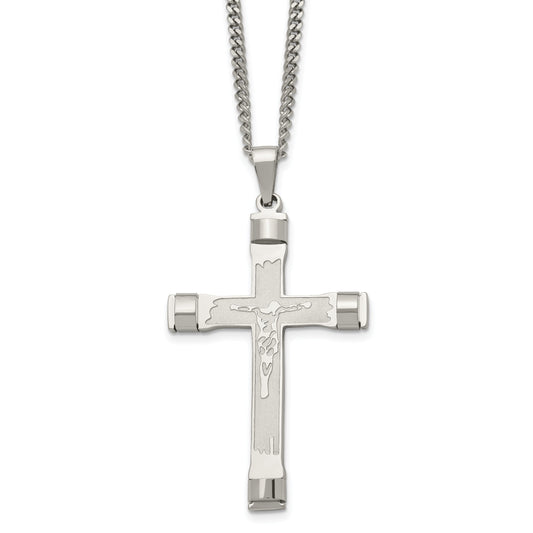Stainless Steel Chisel Brushed And Polished Crucifix Pendant On A 22 Inch Curb Chain Necklace