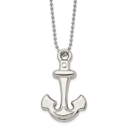 Stainless Steel Chisel Polished Hollow Anchor Pendant On A 22 Inch Ball Chain Necklace