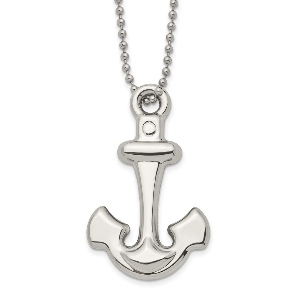 Stainless Steel Chisel Polished Hollow Anchor Pendant On A 22 Inch Ball Chain Necklace