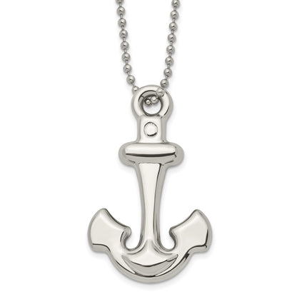 Stainless Steel Chisel Polished Hollow Anchor Pendant On A 22 Inch Ball Chain Necklace