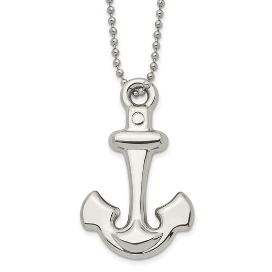 Stainless Steel Chisel Polished Hollow Anchor Pendant On A 22 Inch Ball Chain Necklace